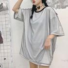 Mesh Overlay Elbow-sleeve T-shirt As Shown In Figure - One Size