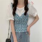 Mock Two Piece Floral Puff Short Sleeve Shirt