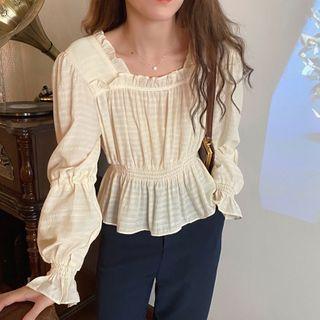 Ruffle Trim Shirred Square-neck Blouse