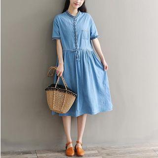 Short-sleeve Embroidered A-line Denim Dress