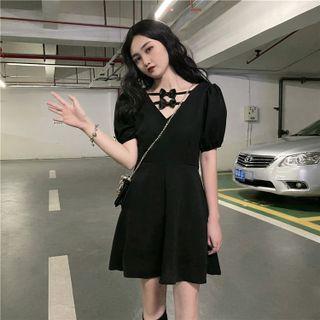 Puff-sleeve Bow A-line Dress Black - One Size