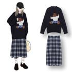 Printed Knit Sweater / High-waist Plaid Skirt