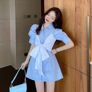 Set: Puff-sleeve Mini Shirtdress + Spaghetti Strap Waist-tie Top Shirtdress - Blue - One Size / Spaghetti Strap Top - Blue - One Size