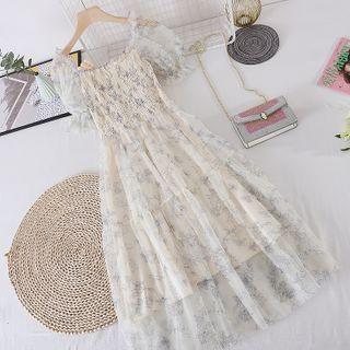 Puff-sleeve Chiffon Floral Dress Almond - One Size