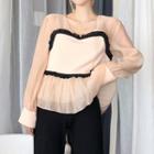 Sheer Panel V-neck Blouse Top - One Size