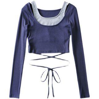 Mock Two-piece Long-sleeve Tie-waist Crop Top