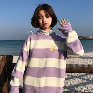 Moon Embroidered Striped Sweater