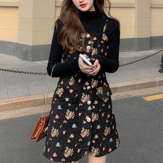 Mock-neck Knit Top / Floral Strappy A-line Dress