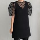 Dotted Short-sleeve Mesh Top / V-neck Pinafore Dress