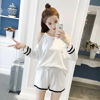 Set: Striped Cold Shoulder Long-sleeve T-shirt + Shorts