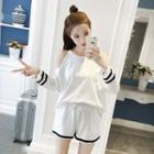 Set: Striped Cold Shoulder Long-sleeve T-shirt + Shorts