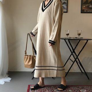 Midi V-neck Sweater Dress Almond - One Size