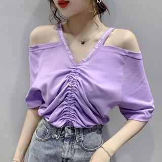Short-sleeve Off-shoulder V-neck Drawstring Top