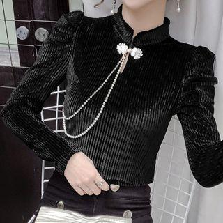 Long-sleeve Frog-buttoned Embellished Corduroy Top
