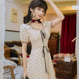 Puff-sleeve Square-neck Dotted Midi A-line Dress