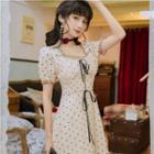 Puff-sleeve Square-neck Dotted Midi A-line Dress