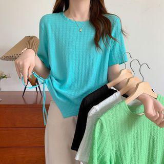 Elbow-sleeve Drawstring Slit T-shirt