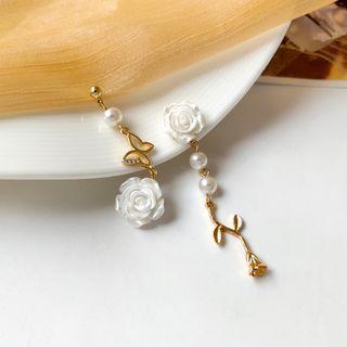 Faux Pearl Rose Sterling Silver Dangle Earring 1 Pair - Earrings - S925 Silver - Asymmetry - White & Gold - One Size