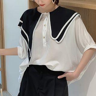 Contrast Sailor Collar Short Sleeve Chiffon Blouse