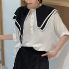 Contrast Sailor Collar Short Sleeve Chiffon Blouse