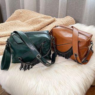 Fringed Trim Faux Leather Crossbody Bag