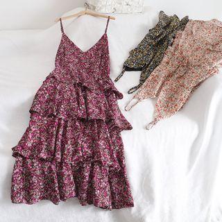 Spaghetti Strap Floral Print Tiered Dress