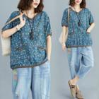 Short-sleeve Floral Print T-shirt Blue - One Size