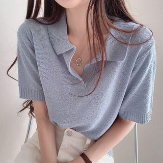 Short Sleeve Polo Collar Knit Top