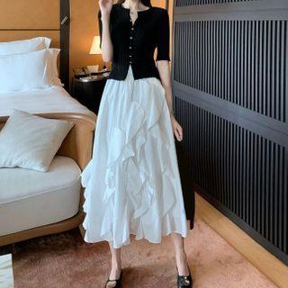 Set: Short Sleeve Plain Cardigan + Ruffled A-line Skirt