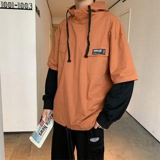 Mock Two-piece Flap-pocket Hooded Long-sleeve Top