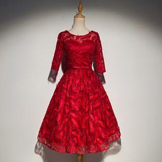 Embellished Elbow Sleeve A-line Cocktail Dress
