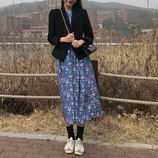 Printed Elbow-sleeve Midi A-line Dress Blue - One Size