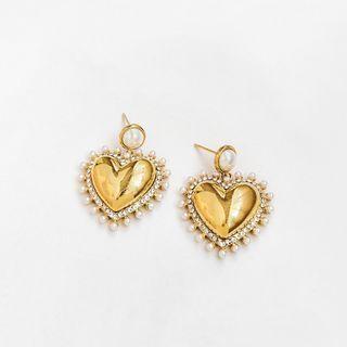 Faux Pearl Rhinestone Heart Drop Earring 1 Pair - Gold - One Size