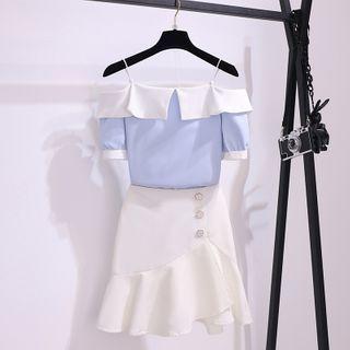 Cold-shoulder Short-sleeve Blouse / Ruffled Hem Mini A-line Skirt / Set