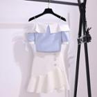 Cold-shoulder Short-sleeve Blouse / Ruffled Hem Mini A-line Skirt / Set