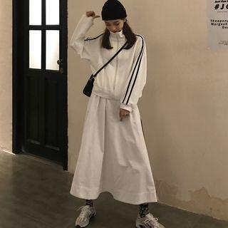 Striped Zip Jacket / Striped A-line Midi Skirt