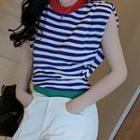 Drape-sleeve Striped T-shirt Red & Navy Blue & White - One Size