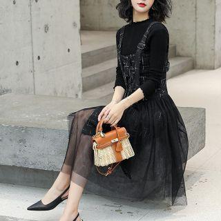 Mesh Panel Midi A-line Overall Dress