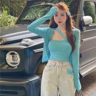 Set: Plain Cropped Cardigan + Cutout Camisole Blue - One Size