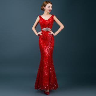 Sleeveless Sequined Lace Mermaid Evening Gown
