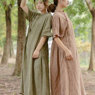 Elbow-sleeve Linen Maxi A-line Dress