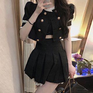 Short-sleeve Double-breasted Cropped Blouse / Pleated Mini A-line Skirt / Set