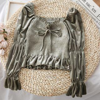Ruffled-trim Smocked Velvet Crop Top