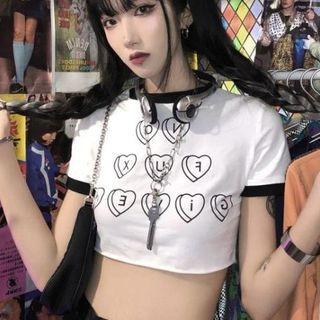 Short-sleeve Heart Print Cropped T-shirt White - One Size