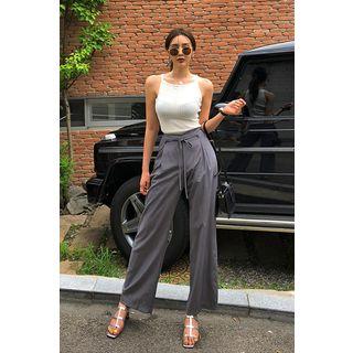 Slit-side Wide-leg Pants With Sash