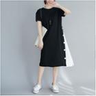 Short-sleeve Paneled Buttoned A-line Dress Black & White - One Size