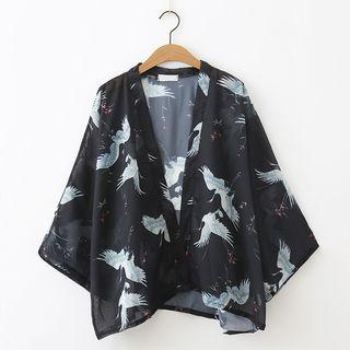 Crane Print Chiffon Jacket Black - One Size