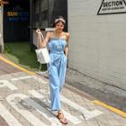 Off-shoulder Belted Denim Tube Jumpsuit