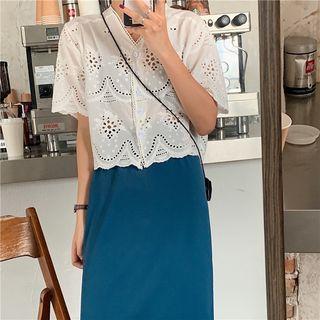 Embroidered Cutout Short-sleeve Top/high-waist Slit-side Midi Skirt