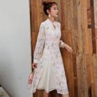 Floral Print Mandarin Collar Long-sleeve Midi A-line Dress